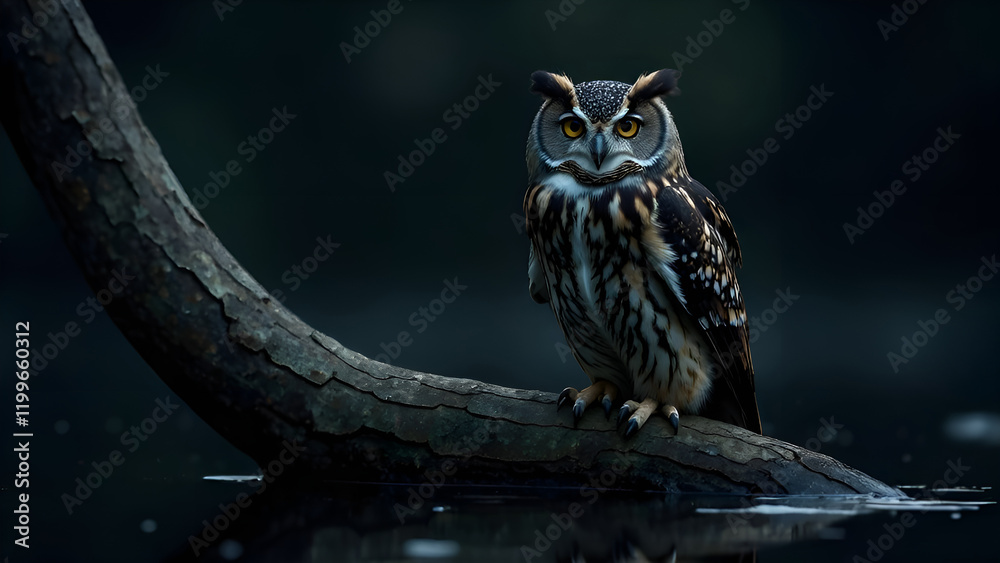 An owl is gracefully perched on a sturdy tree branch, intently overlooking a tranquil body of water nearby, observing its surroundings closely