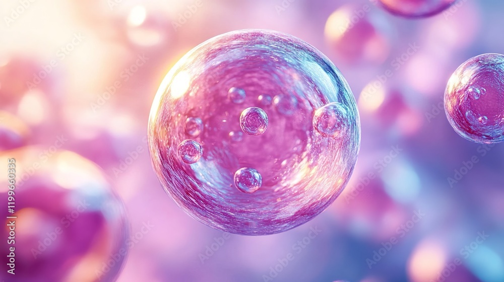 A close-up of pink and purple bubbles floating in the air, against an abstract background with soft lighting. A close-up of pink and purple bubbles floating in the air, against an abstract background with soft lighting.