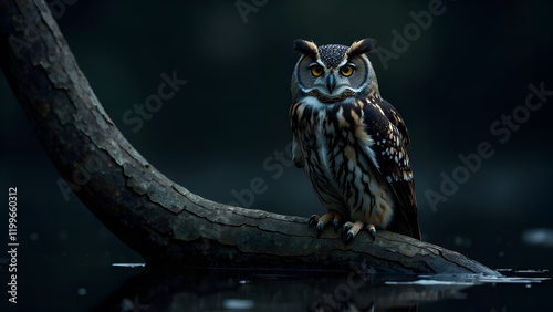 Obraz na płótnie An owl is gracefully perched on a sturdy tree branch, intently overlooking a tranquil body of water nearby, observing its surroundings closely w salonie