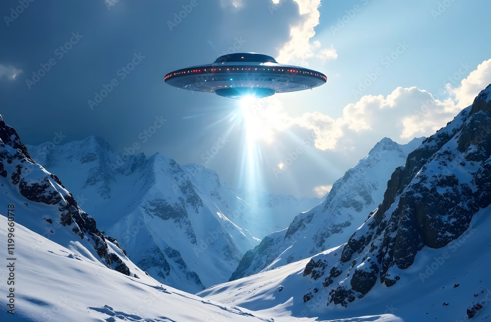 UFO in Snowy Mountain Landscape Daytime Scene. A UFO hovering in a bright blue sky over snow-covered mountains. Sunlight beams shine through clouds, creating a dramatic and mysterious atmosphere. UFO in Snowy Mountain Landscape Daytime Scene. A UFO hovering in a bright blue sky over snow-covered mountains. Sunlight beams shine through clouds, creating a dramatic and mysterious atmosphere.