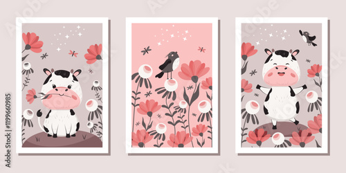 A set of children's templates for postcards, covers, banners, posters and more with a funny cow and large hand-drawn flowers. Vector design