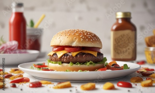 A mouthwatering hamburger patty resting on a pristine white plate amidst a scattered array of condiments and toppings, unadorned, plain, clean