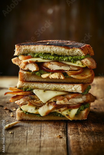 Towering rustic sandwich with crispy ciabatta, roasted chicken, caramelized onions, creamy brie, and vibrant pesto, captured from a dramatic low angle. Warm lighting 