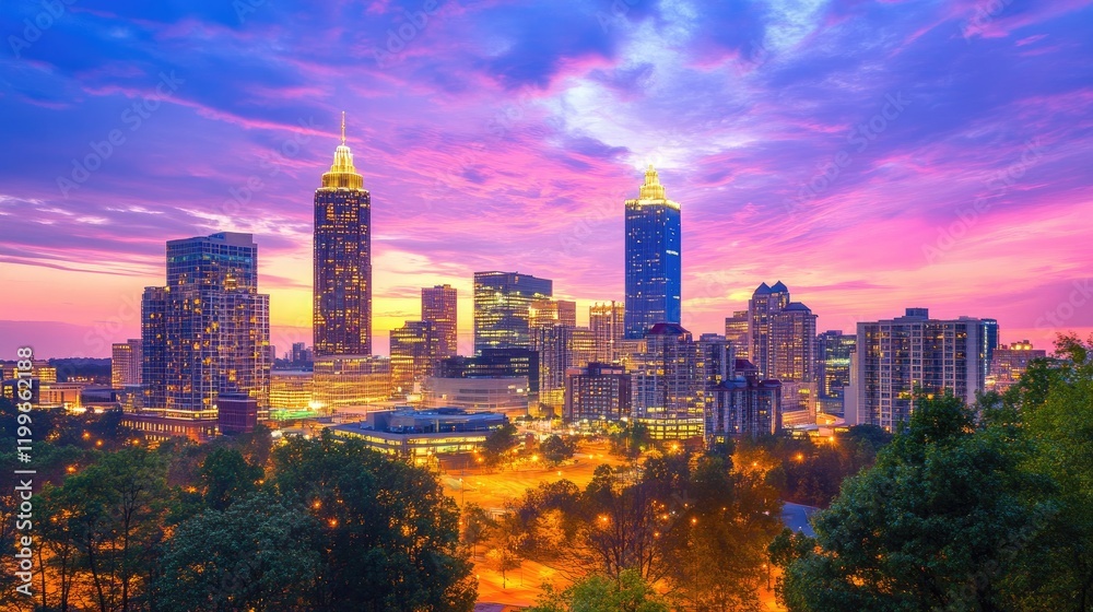 Obraz premium Atlanta Skyline Sunset Cityscape Evening Panorama