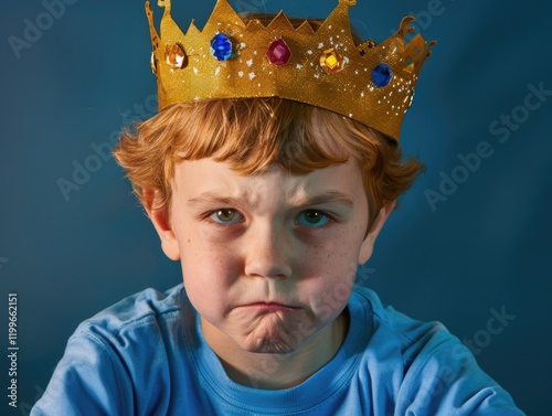 Child wearing a gold and red crown, expressing displeasure or mock frustration as if he's a 'royalty'.