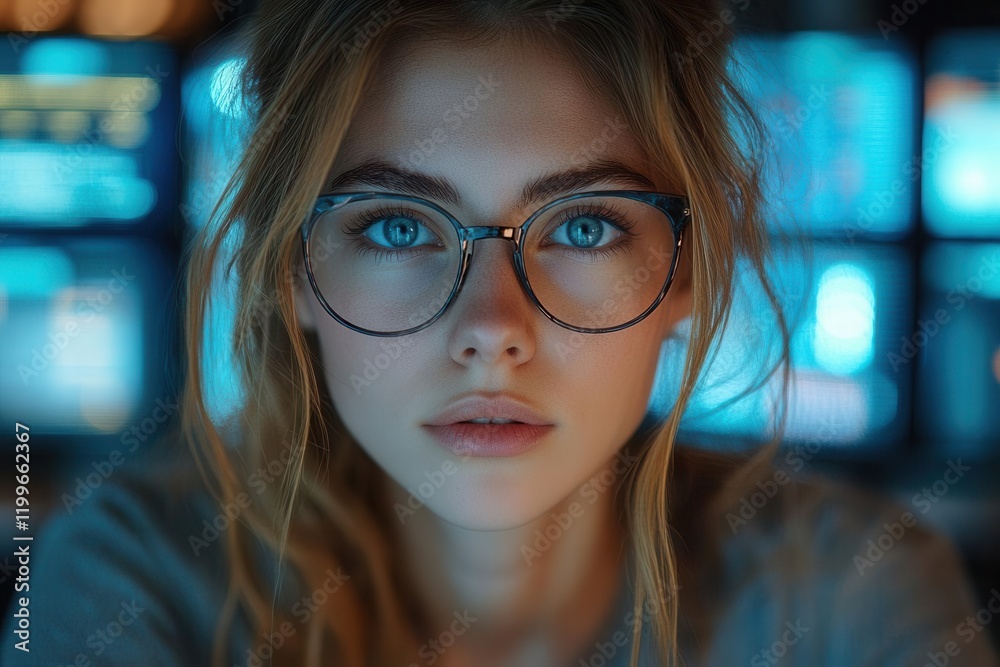 modern tech workspace with female programmer immersed in coding, ambient blue light from screens, contemporary office setting, focused expression modern tech workspace with female programmer immersed in coding, ambient blue light from screens, contemporary office setting, focused expression