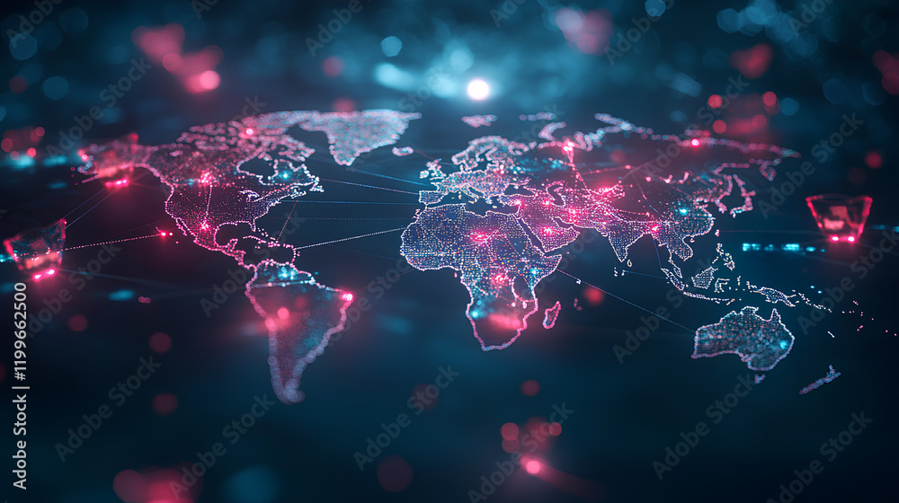 Obraz premium Interconnected Digital Map Depicting Global Health and Biosecurity with Protective Shields