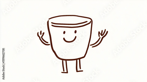 A playful children's drawing of a smiling coffee cup with steam on a white background.