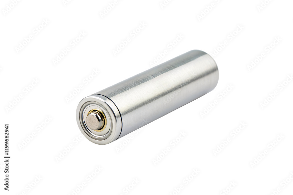 A sleek cylindrical battery with a polished silver finish, showcasing a compact and efficient design for use in everyday electronics and gadgets. Isolated on a transparent background