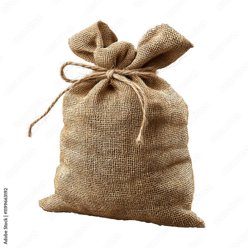 Burlap Sack with Twine Closure on White Background Isolated on transparent background Burlap Sack with Twine Closure on White Background Isolated on transparent background