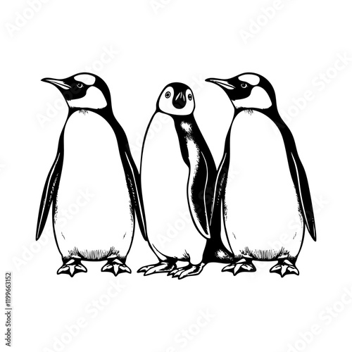 Penguin engraving black and white outline. Scratch board imitation.  illustrated in vintage line art style on a white background.
