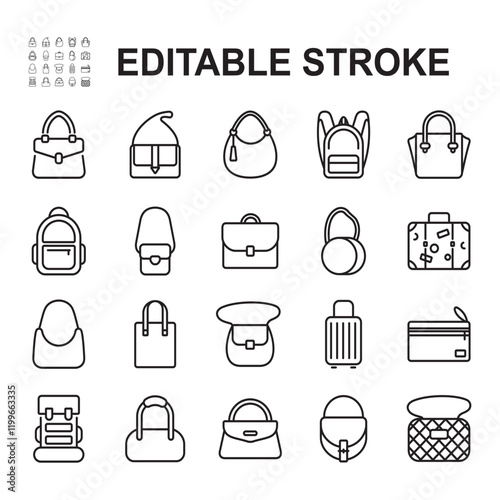 Bag icon set. Thin line vector, contains various bag models. Such as women's bags, suitcases, backpacks and more. photo