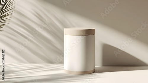 Blank mockup template of a packaging label on a cylindrical powder container, with soft lighting and shadows.
