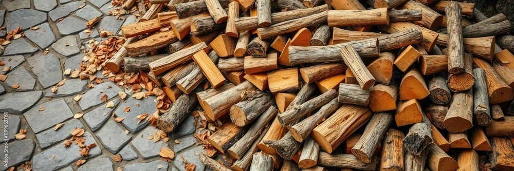 A collection of firewood scattered on a stone floor, earthy, crackling flames, rustic A collection of firewood scattered on a stone floor, earthy, crackling flames, rustic