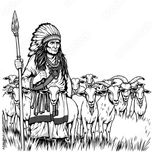 Indian Shepherd with a herd of goats, Hand drawn in thin line style photo