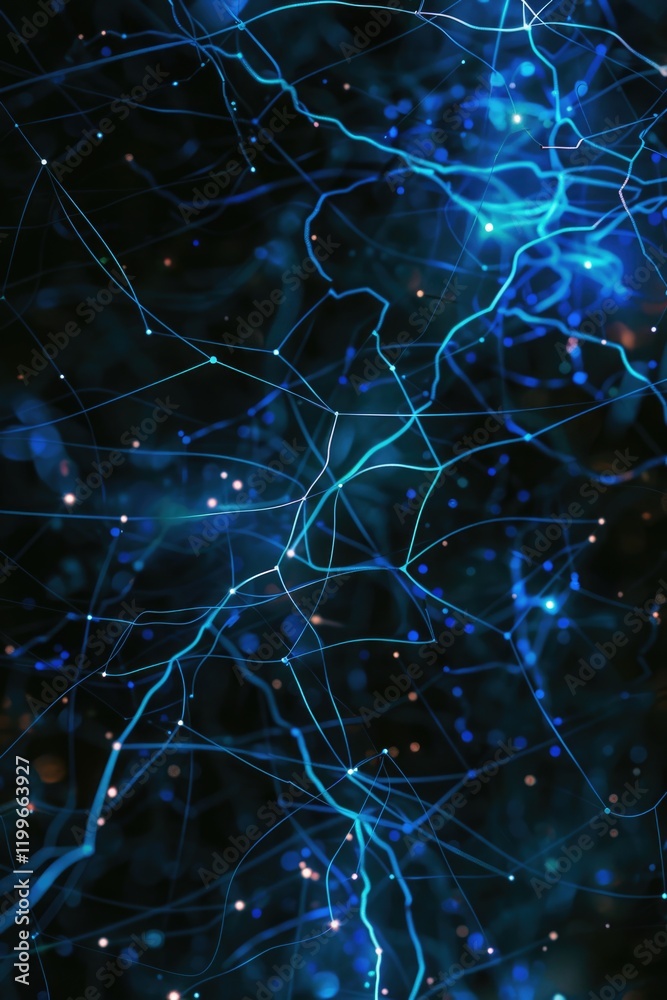 Abstract illustration of brain cells and data connections. Blue electric lines between grey brain regions. Abstract illustration of brain cells and data connections. Blue electric lines between grey brain regions.