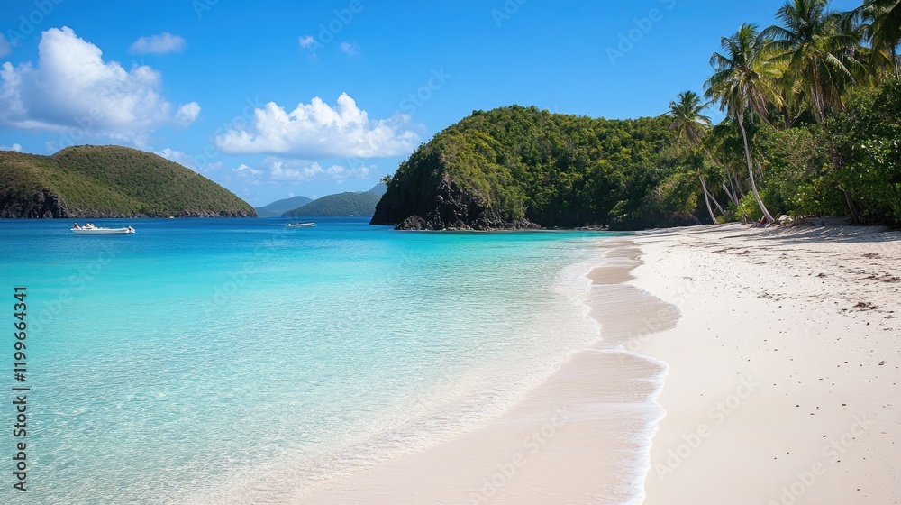 Fototapeta premium Serene Tropical Beach Scene With Boats And Lush Greenery
