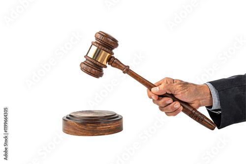 A wooden gavel with golden accents, held by a suited hand, epitomizing fairness, authority, and the weight of legal decisions. Isolated on a transparent background