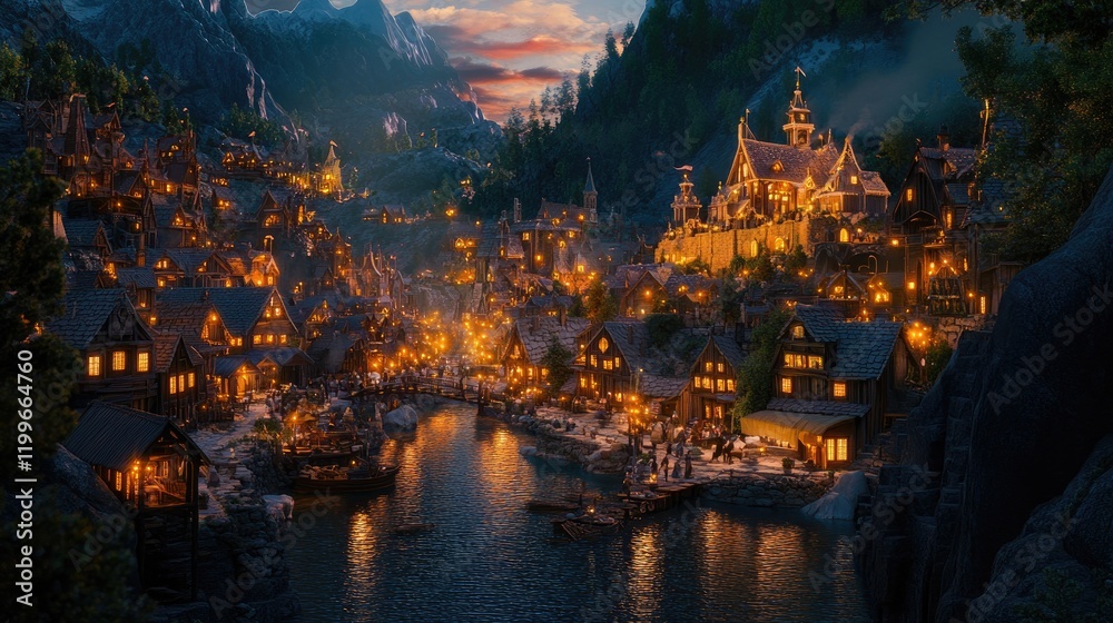 Obraz premium A picturesque mountain village at twilight glows warmly