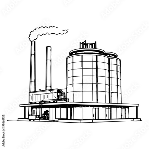 Power plant engraving black and white outline. Scratch board imitation.  illustrated in vintage line art style on a white background.
