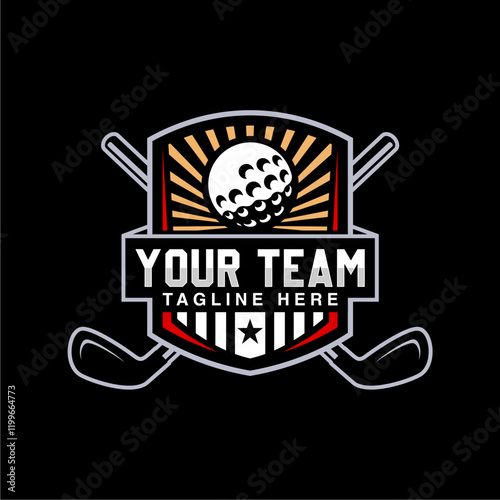 Badge emblem golf club, golf championship logo with golf ball and crossed golf sticks vector