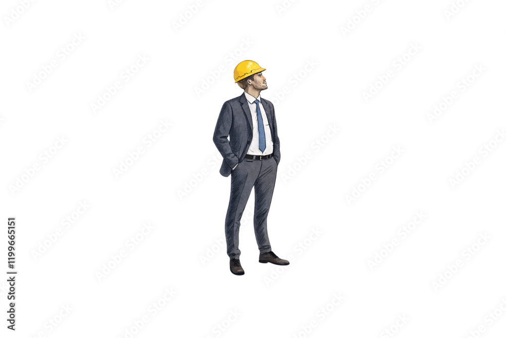 Sketched engineer in a tailored suit and hard hat, hands in pockets, standing confidently, portraying innovation and professionalism in style. Isolated on a transparent background Sketched engineer in a tailored suit and hard hat, hands in pockets, standing confidently, portraying innovation and professionalism in style. Isolated on a transparent background