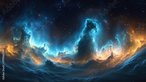 A stunning cosmic landscape featuring vibrant colors and swirling clouds of gas, evoking the beauty of the universe.