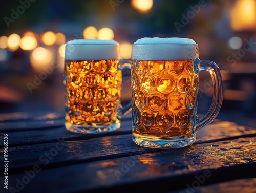 A pair of full mugs of beer sitting on a table at night, likely in a pub or bar setting. photo