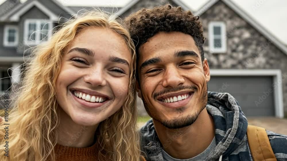 Happy Young Couple in Front of New Home, happy couple, smiling, house, homeownership, real estate Happy Young Couple in Front of New Home, happy couple, smiling, house, homeownership, real estate