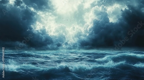 Realistic photo of a stormy sea with dark clouds and rays of light shining through, symbolizing the end times.