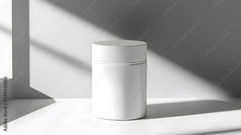 Blank mockup template of a packaging label on a cylindrical cosmetic container, with soft reflections and shadows.