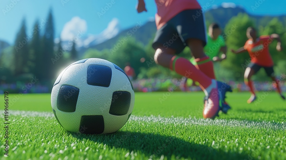 Fototapeta premium A close-up of a soccer ball rolling on the field, with players' legs in action and the vibrant green grass detailed underneath.