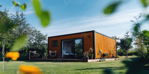 Spacious shipping container home with modern design and ample outdoor space.