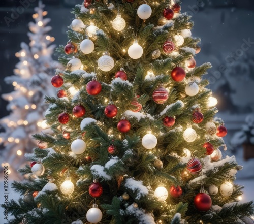 A snow-covered Christmas tree with ornaments and lights, shining, colorful, christmas tree photo