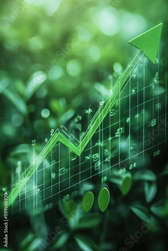 Green business, environmental graph, sustainable progress indicator on leaves background.