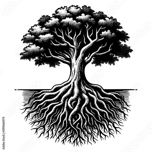 Tree root engraving black and white outline. Scratch board imitation.  illustrated in vintage line art style on a white background.
