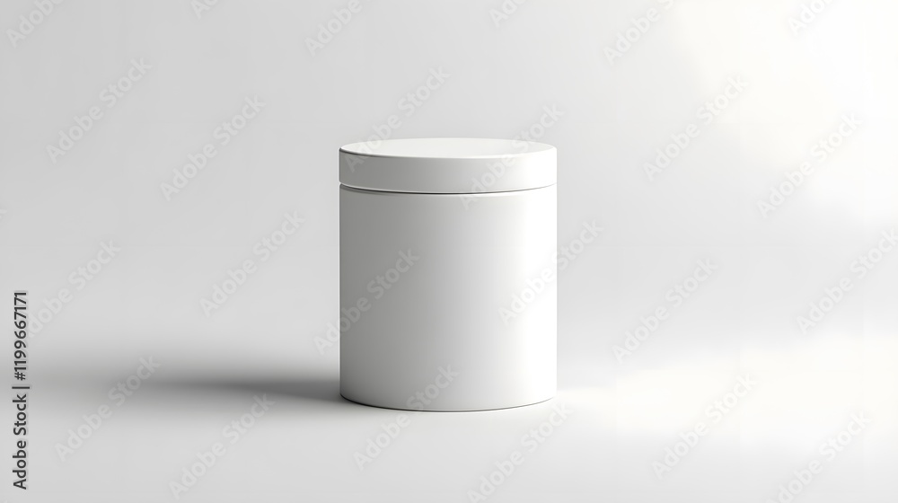 Blank mockup template of a packaging label on a cylindrical ceramic container, with minimal lighting and soft shadows.
