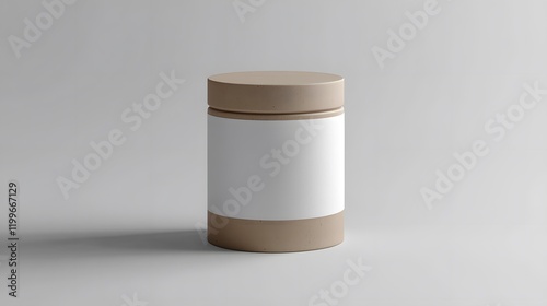 Blank mockup template of a packaging label on a cylindrical ceramic container, with minimal lighting and soft shadows. photo