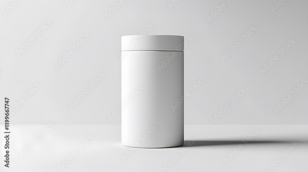 Blank mockup template of a packaging label on a sleek white cylindrical container, with soft shadows and minimalistic lighting.