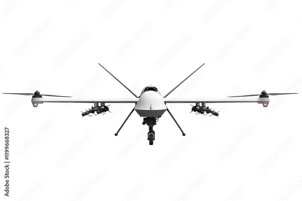 Military drone equipped with missiles ready for operation during daytime isolated on transparent background Military drone equipped with missiles ready for operation during daytime isolated on transparent background
