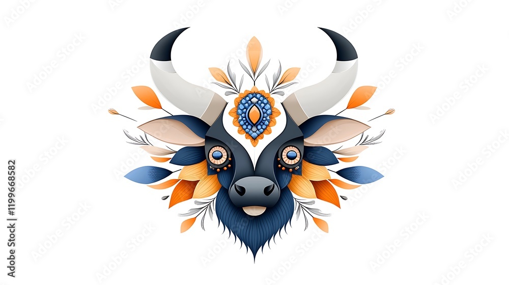 Fototapeta premium Artistic Bull Head with Floral Ornament Blue Orange Design