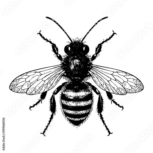 Bee engraving black and white outline. Scratch board imitation.  illustrated in vintage line art style on a white background.
