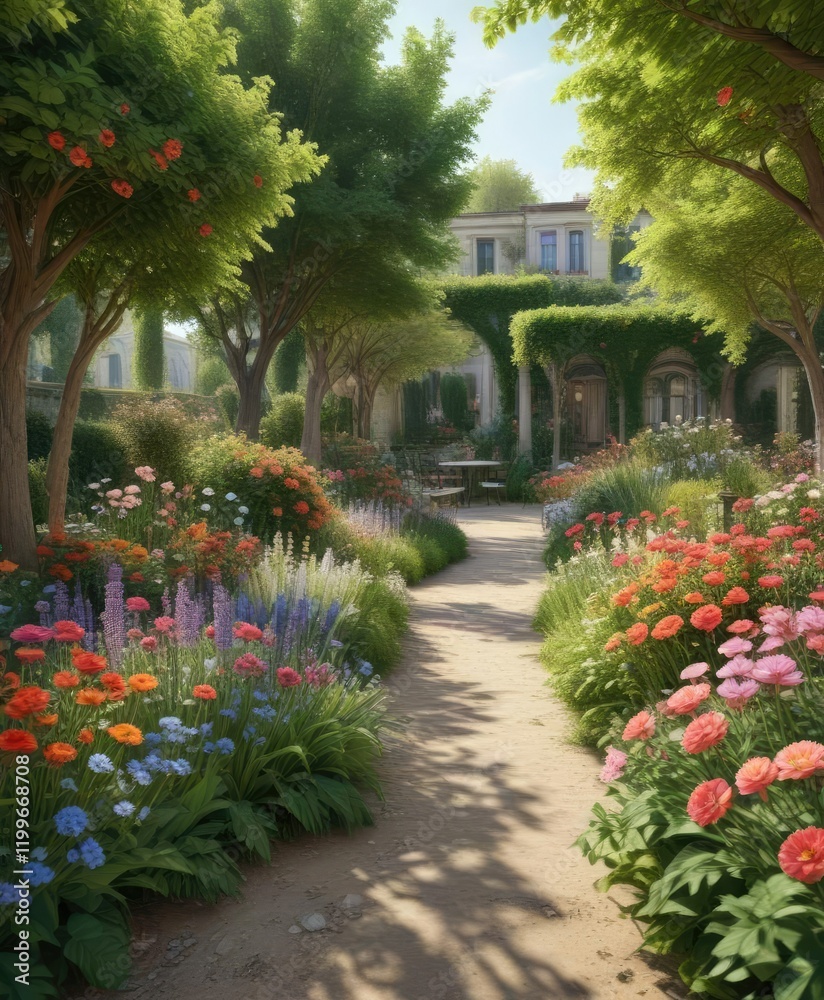Obraz premium A Parisian garden filled with colorful flowers and trees, garden trees, botanical garden, floral displays