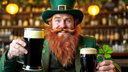 Joyful man with red beard holding pint of dark beer, dressed as leprechaun, celebrating st. patrick's day in a pub, concept of irish festivity