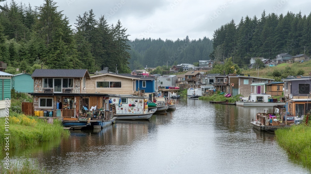 A row of houseboats, each with unique designs, lined up along a quiet canal, creating a picturesque floating neighborhood. A row of houseboats, each with unique designs, lined up along a quiet canal, creating a picturesque floating neighborhood.