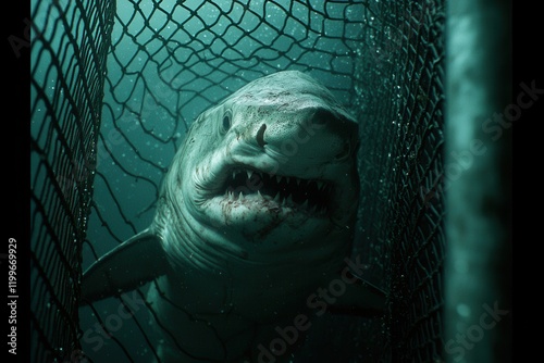 A shark trapped in underwater fishing gear. photo