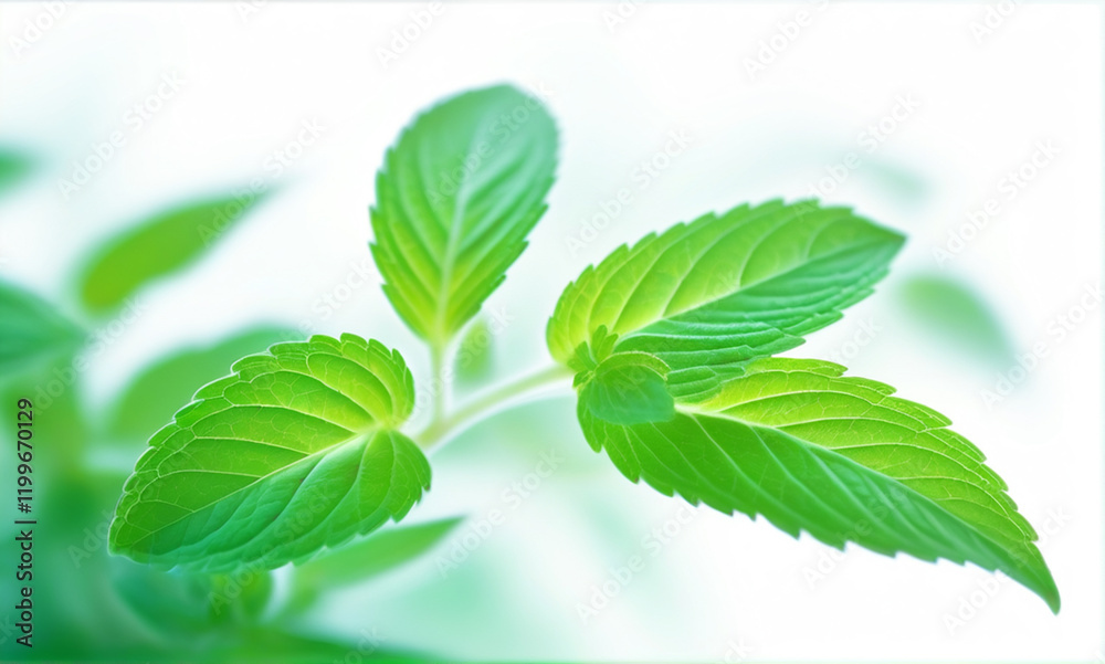 Fototapeta premium Green mint leaves on a light background.