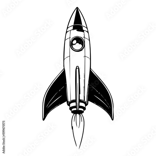 Rocket sketch engraving black and white outline. Scratch board imitation.  illustrated in vintage line art style on a white background.
