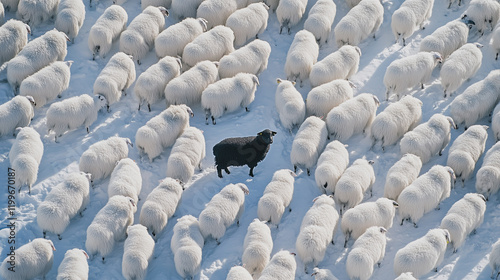 Black sheep cartoon in a sea of white sheep. Concept of courage and standing out.