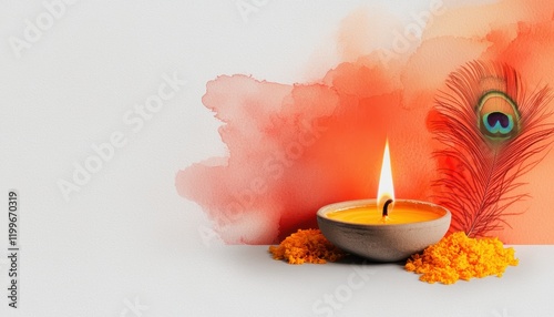 A glowing diya lamp surrounded by vibrant peacock feathers and marigold flowers, set against a soft watercolor background symbolizing Thaipusam photo